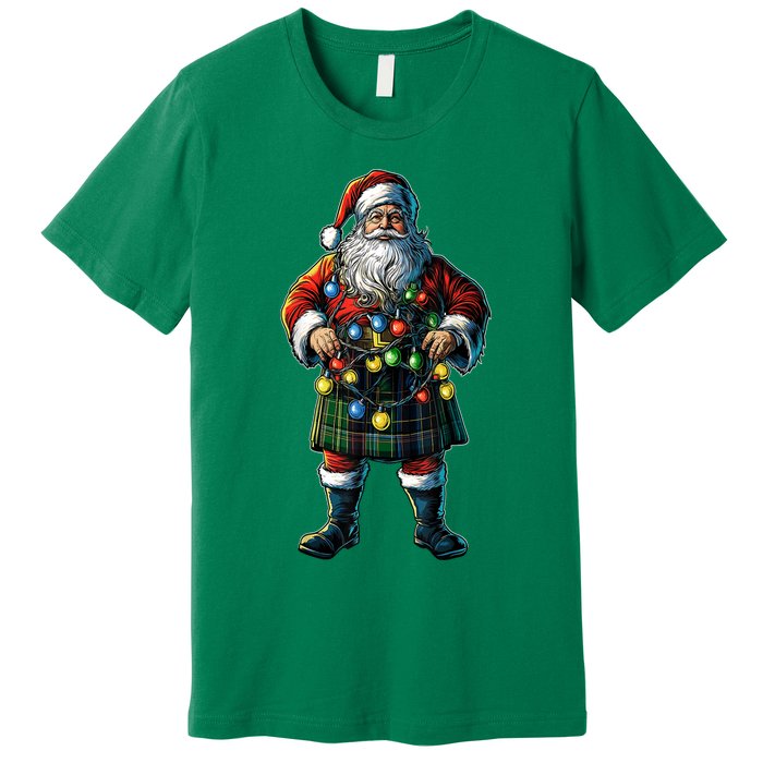 Xmas Santa Claus Hat Scottish Kilt Scotland Christmas Lights Gift Premium T-Shirt