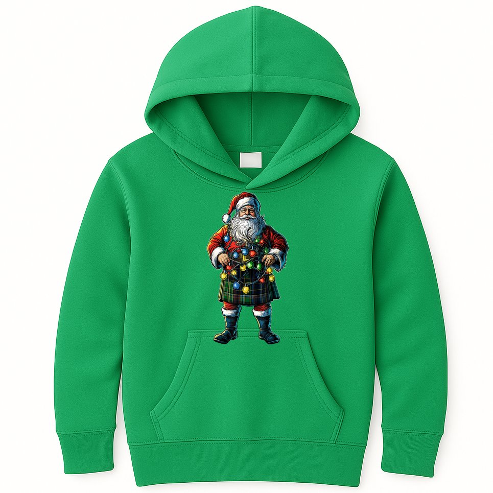 Xmas Santa Claus Hat Scottish Kilt Scotland Christmas Lights Gift Kids Hoodie