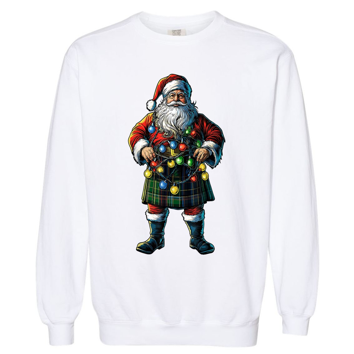 Xmas Santa Claus Hat Scottish Kilt Scotland Christmas Lights Gift Garment-Dyed Sweatshirt