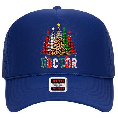 Xmas Santa Doctor Leopard Plaid Print Christmas Trees Gift High Crown Mesh Back Trucker Hat