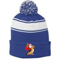 Xmas Squad Funny Santa Riding Ger Shepherd Dog Christmas Funny Gift Stripe Pom Pom Beanie