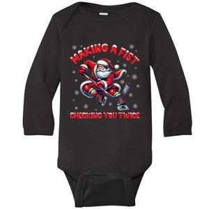 Xmas Snowflakes Gift Making A Fist Checking You Twice Ice Hockey Baby Long Sleeve Bodysuit