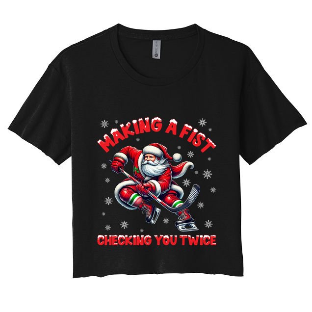 Xmas Snowflakes Gift Making A Fist Checking You Twice Ice Hockey Crop Top