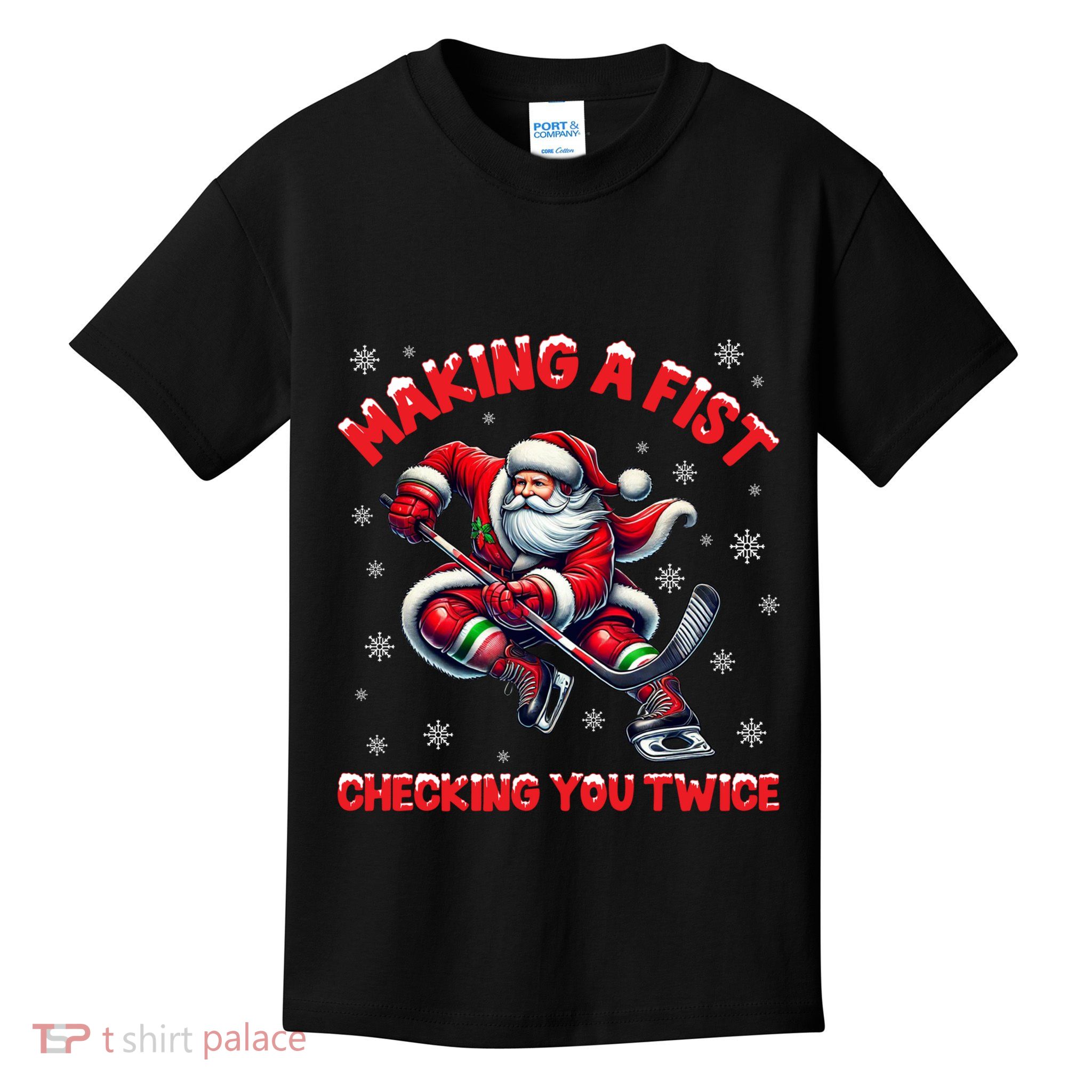 Xmas Snowflakes Gift Making A Fist Checking You Twice Ice Hockey Kids T-Shirt