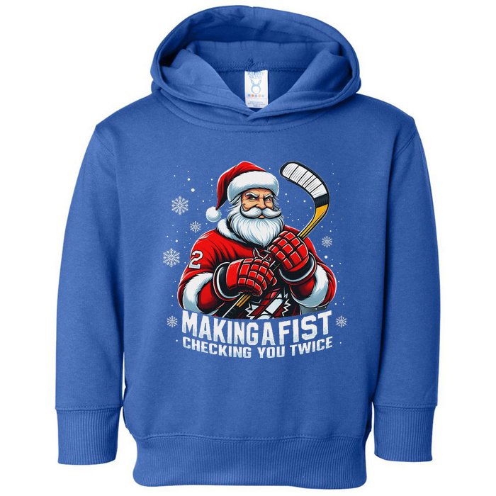 Xmas Santa Hockey Players Making A Fist Checking Your Twice Toddler Hoodie