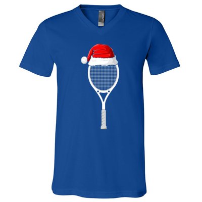 Xmas Santa Hat Tennis Racket Christmas Tennis Cool Gift V-Neck T-Shirt