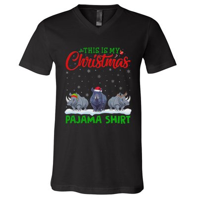 Xmas Santa Hat Reindeer Rhino Christmas Pajama V-Neck T-Shirt