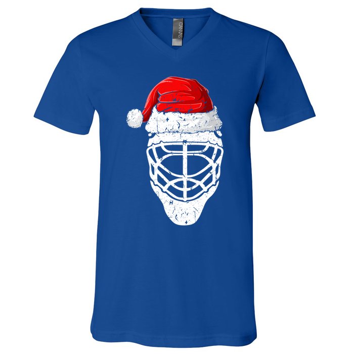 Xmas Santa Hat Christmas Ice Hockey Gift V-Neck T-Shirt