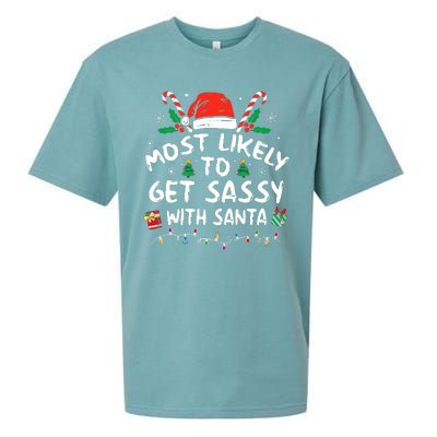 Xmas Santa Hat Most Likely To Get Sassy With Santa Christmas Matching Gift Sueded Cloud Jersey T-Shirt