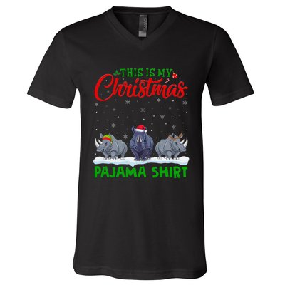 Xmas Santa Hat Reindeer Rhino Christmas Pajama V-Neck T-Shirt