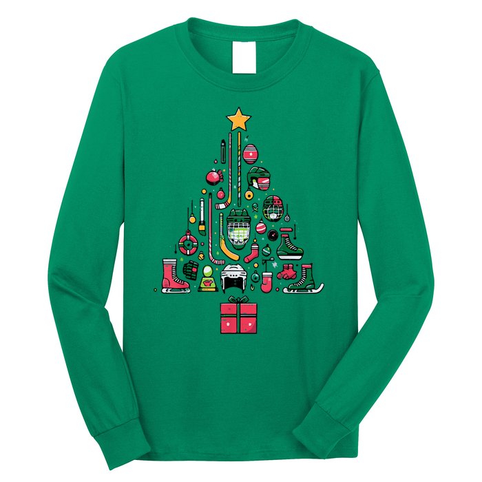 Xmas Sports Ice Hockey Christmas Pine Tree Gift Long Sleeve Shirt