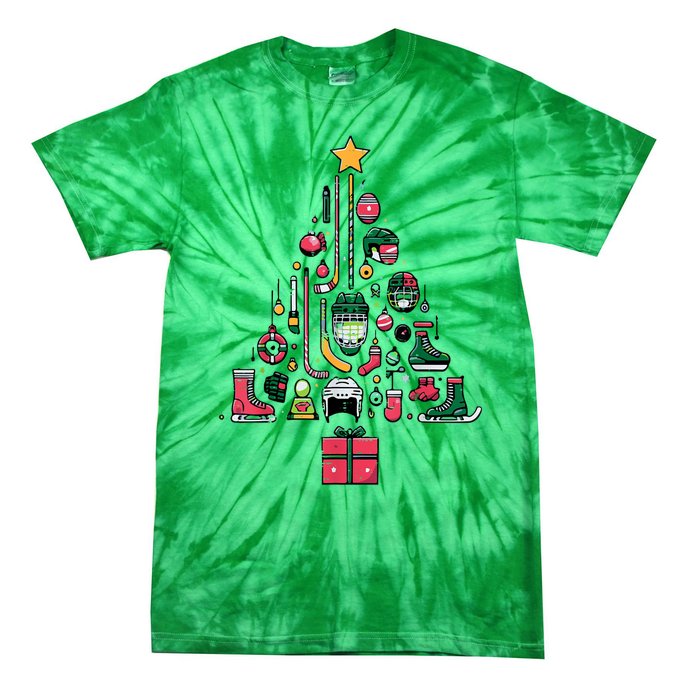 Xmas Sports Ice Hockey Christmas Pine Tree Gift Tie-Dye T-Shirt