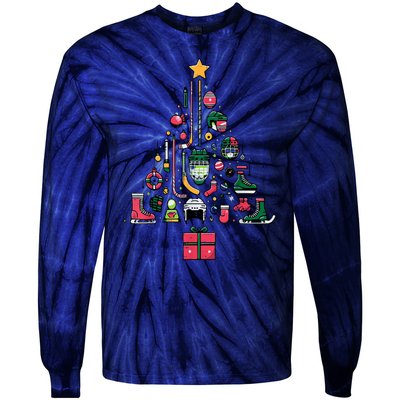 Xmas Sports Ice Hockey Christmas Pine Tree Gift Tie-Dye Long Sleeve Shirt