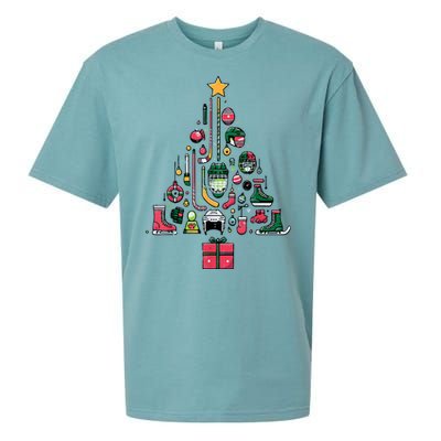 Xmas Sports Ice Hockey Christmas Pine Tree Gift Sueded Cloud Jersey T-Shirt