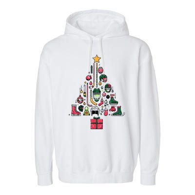 Xmas Sports Ice Hockey Christmas Pine Tree Gift Garment-Dyed Fleece Hoodie