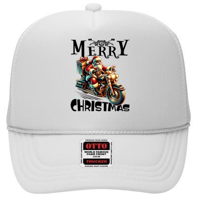 Xmas Santa Motorcycle Biker Funny Merry Christmas High Crown Mesh Back Trucker Hat