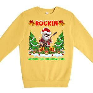 Xmas Santa Playing Guitar Rockin Around The Christmas Tree Gift Premium Crewneck Sweatshirt