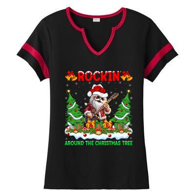 Xmas Santa Playing Guitar Rockin Around The Christmas Tree Gift Ladies Halftime Notch Neck Tee