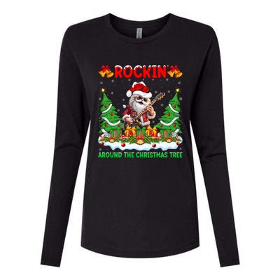 Xmas Santa Playing Guitar Rockin Around The Christmas Tree Gift Womens Cotton Relaxed Long Sleeve T-Shirt