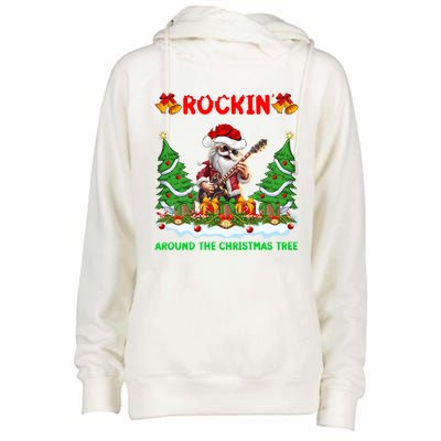 Xmas Santa Playing Guitar Rockin Around The Christmas Tree Gift Womens Funnel Neck Pullover Hood