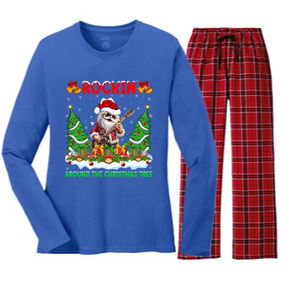 Xmas Santa Playing Guitar Rockin Around The Christmas Tree Gift Women's Long Sleeve Flannel Pajama Set 