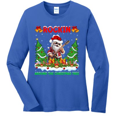 Xmas Santa Playing Guitar Rockin Around The Christmas Tree Gift Ladies Long Sleeve Shirt