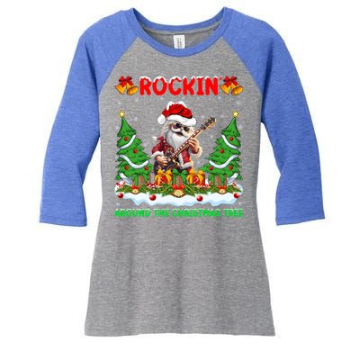 Xmas Santa Playing Guitar Rockin Around The Christmas Tree Gift Women's Tri-Blend 3/4-Sleeve Raglan Shirt