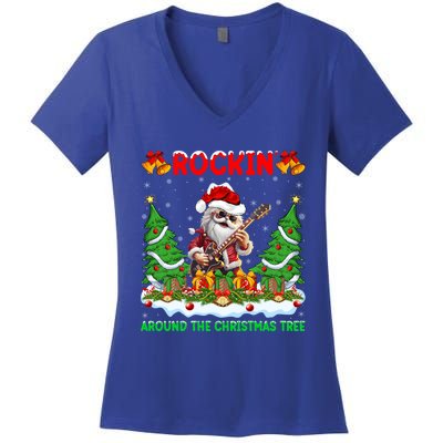 Xmas Santa Playing Guitar Rockin Around The Christmas Tree Gift Women's V-Neck T-Shirt