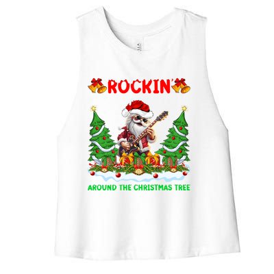 Xmas Santa Playing Guitar Rockin Around The Christmas Tree Gift Women's Racerback Cropped Tank