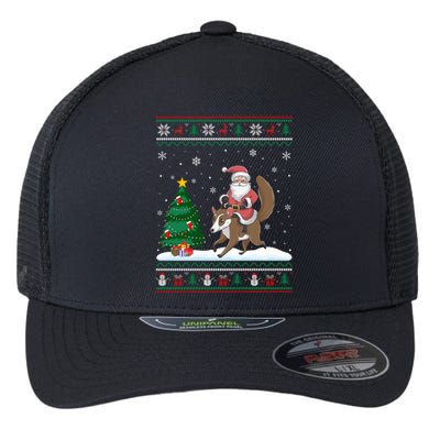 Xmas Santa Riding Coati Ugly Christmas Tree Lights Flexfit Unipanel Trucker Cap