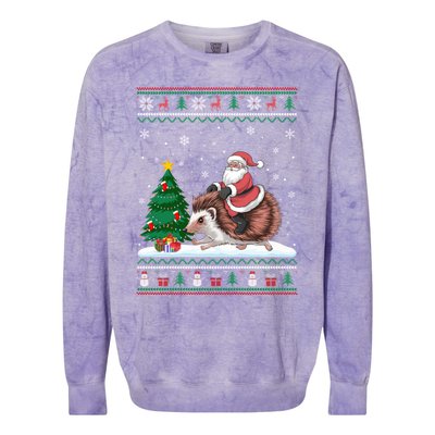 Xmas Santa Riding Hedgehog Ugly Christmas Tree Lights Colorblast Crewneck Sweatshirt