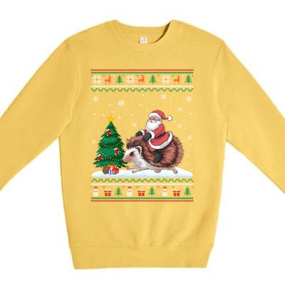 Xmas Santa Riding Hedgehog Ugly Christmas Tree Lights Premium Crewneck Sweatshirt