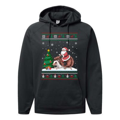 Xmas Santa Riding Hedgehog Ugly Christmas Tree Lights Performance Fleece Hoodie