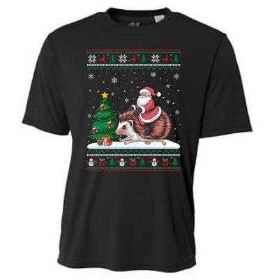 Xmas Santa Riding Hedgehog Ugly Christmas Tree Lights Cooling Performance Crew T-Shirt