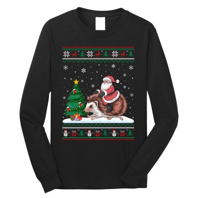 Xmas Santa Riding Hedgehog Ugly Christmas Tree Lights Long Sleeve Shirt