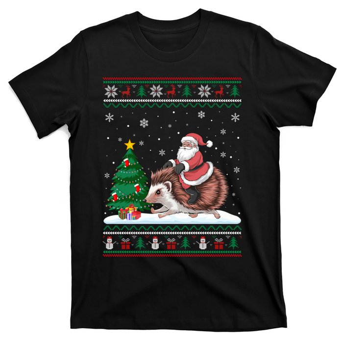 Xmas Santa Riding Hedgehog Ugly Christmas Tree Lights T-Shirt