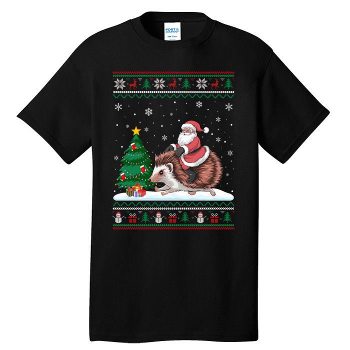 Xmas Santa Riding Hedgehog Ugly Christmas Tree Lights Tall T-Shirt