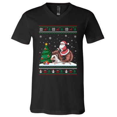 Xmas Santa Riding Hedgehog Ugly Christmas Tree Lights V-Neck T-Shirt