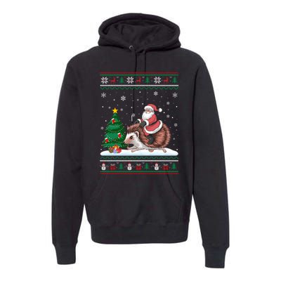 Xmas Santa Riding Hedgehog Ugly Christmas Tree Lights Premium Hoodie