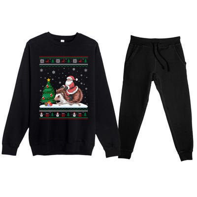 Xmas Santa Riding Hedgehog Ugly Christmas Tree Lights Premium Crewneck Sweatsuit Set