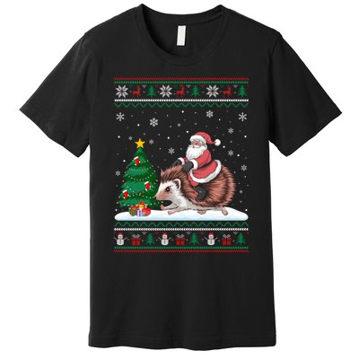 Xmas Santa Riding Hedgehog Ugly Christmas Tree Lights Premium T-Shirt