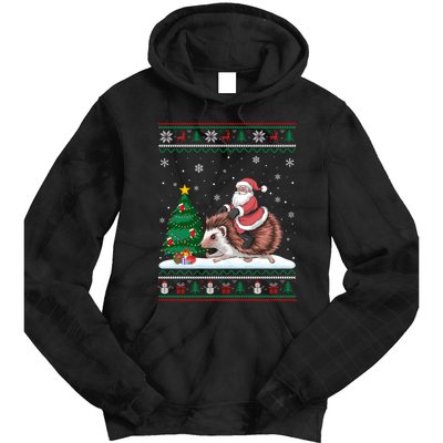 Xmas Santa Riding Hedgehog Ugly Christmas Tree Lights Tie Dye Hoodie