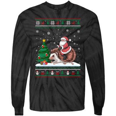 Xmas Santa Riding Hedgehog Ugly Christmas Tree Lights Tie-Dye Long Sleeve Shirt