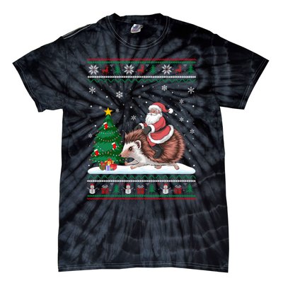 Xmas Santa Riding Hedgehog Ugly Christmas Tree Lights Tie-Dye T-Shirt