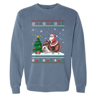 Xmas Santa Riding Hedgehog Ugly Christmas Tree Lights Garment-Dyed Sweatshirt