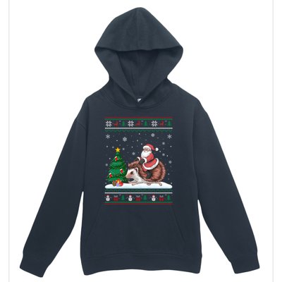 Xmas Santa Riding Hedgehog Ugly Christmas Tree Lights Urban Pullover Hoodie