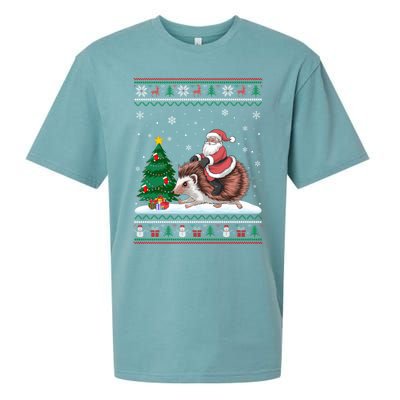 Xmas Santa Riding Hedgehog Ugly Christmas Tree Lights Sueded Cloud Jersey T-Shirt