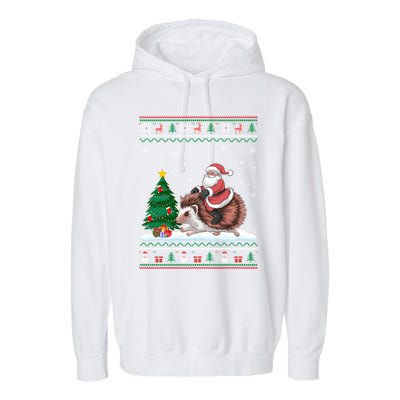 Xmas Santa Riding Hedgehog Ugly Christmas Tree Lights Garment-Dyed Fleece Hoodie