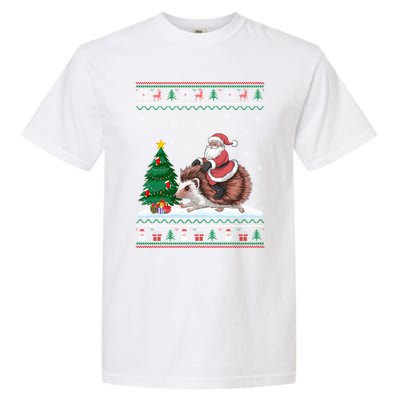 Xmas Santa Riding Hedgehog Ugly Christmas Tree Lights Garment-Dyed Heavyweight T-Shirt