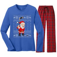 Xmas Sweater Style Ugly Santa Playing Ice Hockey Christmas Meaningful Gift Women's Long Sleeve Flannel Pajama Set 